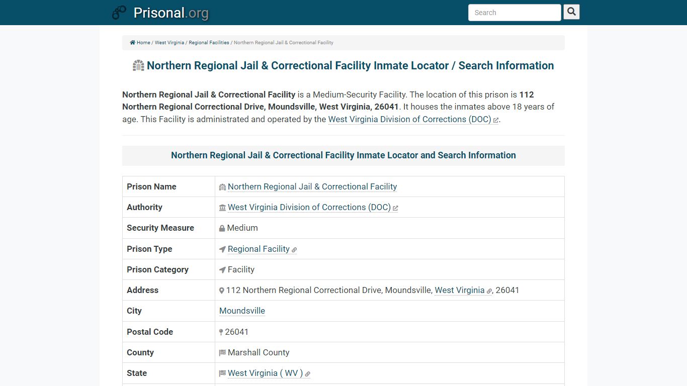 Northern Regional Jail & Correctional Facility-Inmate Locator/Search ...
