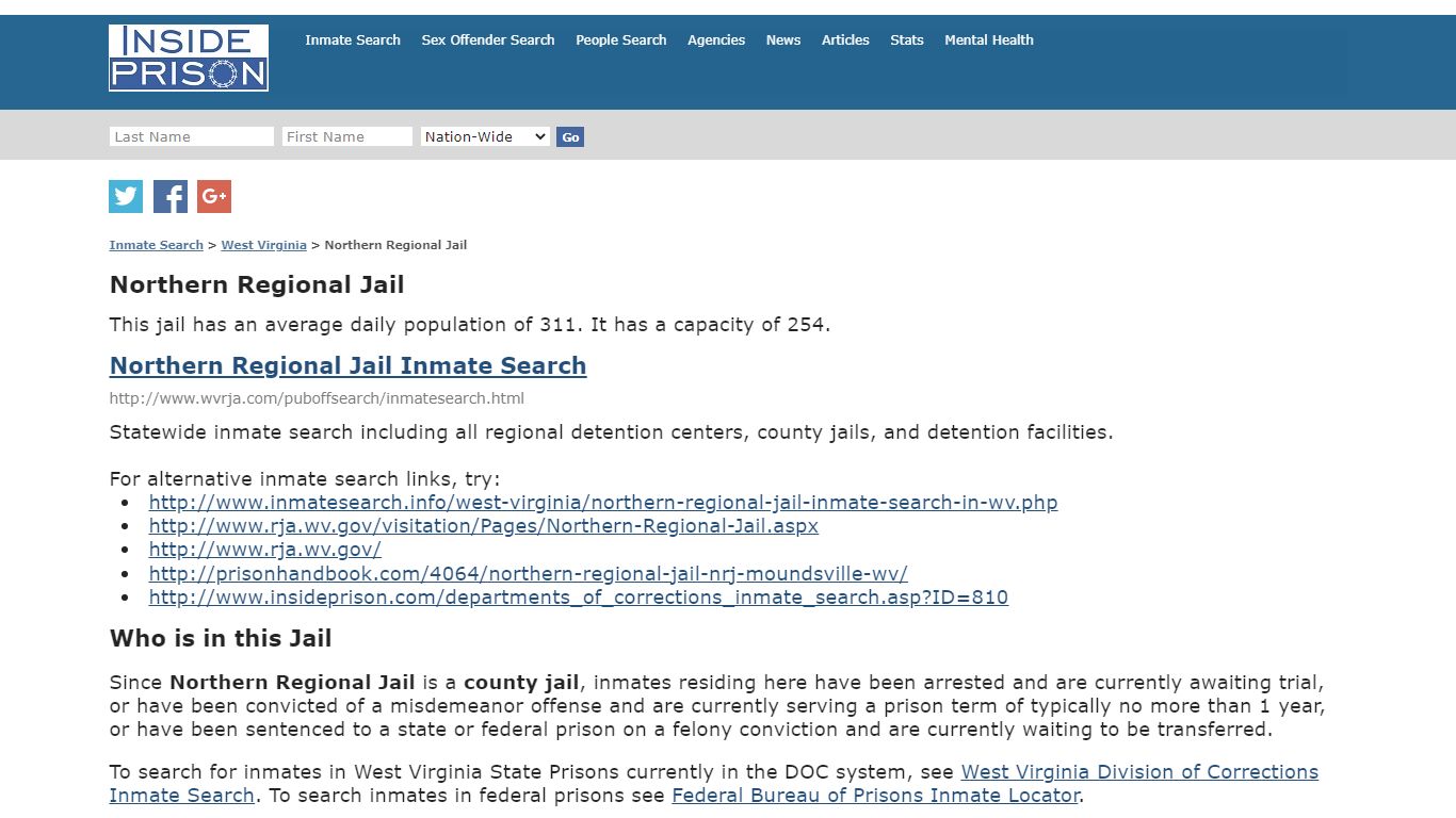Northern Regional Jail - West Virginia - Inmate Search - Inside Prison